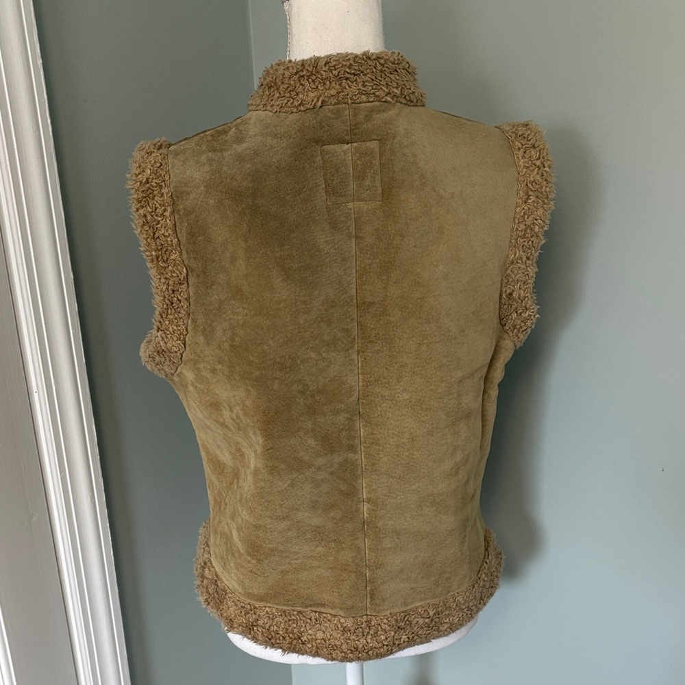 Vintage Y2K True Grit Tan Real Leather‎ Faux Shearling Toggle Button Vest Medium - Picture 4 of 8